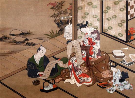 A Japanese ukiyo-e style scroll painting, late 19th century, image 34cm x 57cm, brocade pattern borders